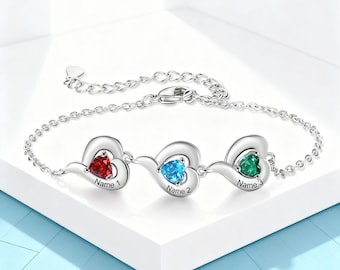 Custom Names Birthstone Bracelet,Copper Rhodium Plated Heart necklace, Adjustable Chain, Kids Name Bracelet for Mom＆grandma, Gift for Her