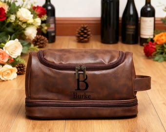 Custom Initials Men's Wash Bag | PU Leather Toiletry Organizer for Him | Travel Kit Gift for Husband, Dad, Son,Man & Groomsmen