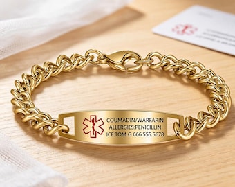 Personalized Engraved Medical Alert Bracelet, Custom ICE Medical ID Jewelry for Women Men, Custom Engraving Emergency Health Bracelet Gift