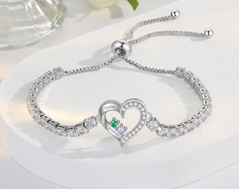 Custom Birthstone Heart Bracelet, Adjustable 4 Birthstones Bracelet, Mother and Daughter Bracelet，Anniversary Gift,Mothers Gift,Gift For Her
