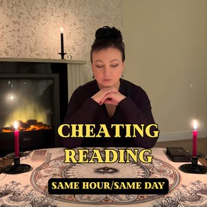 Puede incluir: Una mujer está sentada en una mesa con un paño decorativo, velas y una baraja de cartas. El texto "CHEATING READING SAME HOUR/SAME DAY" se muestra en amarillo. La escena está tenuemente iluminada, lo que sugiere un tema espiritual o de adivinación.