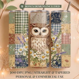 May include: Three cylindrical tumblers with metal straws featuring a patchwork design of green, blue, and red gingham, floral patterns, and a central owl illustration surrounded by daisies. Text reads 9 BONUS DESIGNS INCLUDED and 300 DPI PNG.