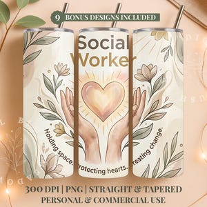 Puede incluir: Tres vasos de acero inoxidable con diseños florales y las palabras "Social Worker". El vaso central presenta un corazón sostenido por manos. Los vasos tienen una pajita y el texto "Holding space. Protecting hearts. Creating change."