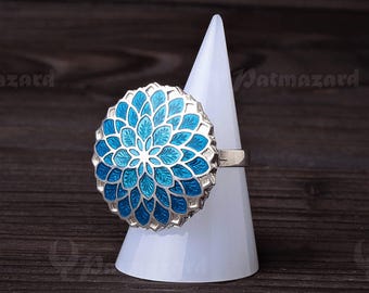 Blauwe lotus geëmailleerde sterlingzilveren ring | Handgemaakte watergeest bloemvormige cloisonné-sieraden
