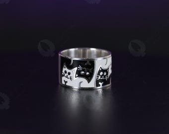 Kattenfotoring Handgemaakte zilveren en geëmailleerde brede band voor Kitty Mommy | Cloisonné-cadeau
