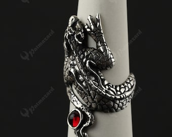 Sterlingzilveren drakenring met rode granaat edelsteen, mozaïektextuur fantasiesieraden