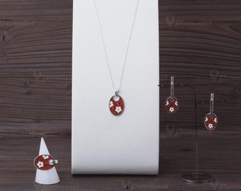 Natuur zilveren sieradenset - Spirit of Nature Rood Handgemaakt casual stijl art nouveau emaille sieraden van puur zilver Jubileumcadeau voor haar