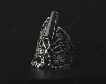 Sterlingzilveren ring van groene nefrietjade, sieraden in oude boho-stijl