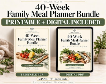 Könnte beinhalten: Ein 40-wöchiges Familien-Mahlzeitenplaner-Paket mit einer druckbaren und einer digitalen Ausgabe. Das Cover zeigt den Text Trace Oasis, 40-Week Family Meal Planner Bundle, Meals, Groceries, Inventories, Recipe Cards und 94 Seiten.