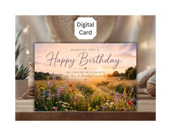 Wildflower Birthday Card, Sunset Meadow Floral, Editable Canva Template (Digital Download)