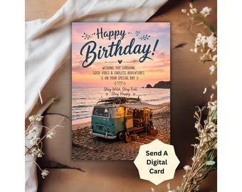 Tarjeta de cumpleaños con temática de vida en furgoneta, tarjeta de cumpleaños con puesta de sol en la playa, tarjeta imprimible estilo hippie retro, plantilla editable de Canva.