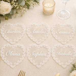 Personalized Wedding Name Tags for Plates, Custom Lace Place Cards, Vintage Romantic Table Decor image 1