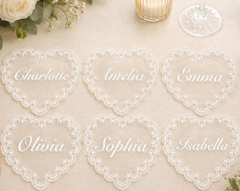 Personalized Wedding Name Tags for Plates, Custom Lace Place Cards, Vintage Romantic Table Decor