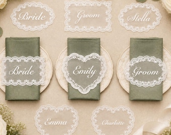Custom Lace Place Cards, Personalized Wedding Name Tags for Plates, Vintage Romantic Table Decor