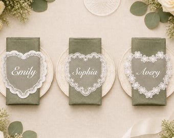Personalized Wedding Name Tags for Plates, Custom Lace Place Cards, Vintage Romantic Table Decor