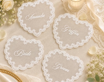 Personalized Wedding Name Tags for Plates, Custom Lace Place Cards, Vintage Romantic Table Decor