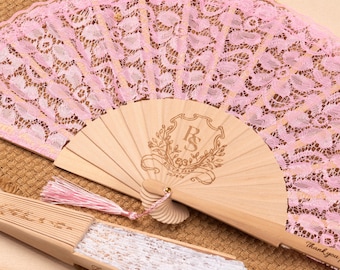 Personalized Lace Wedding Fan, Custom Bridal Hand Fan, Engraved Wooden Lace Fan, Vintage Wedding Logo Fan, Bridesmaid Gift, Wedding Favors