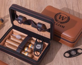 Personalized Cigar Case, Leather Cigar Holder with Cutter, Cigar Travel Case, Groomsmen Gifts, Gift for Dad Husband Gift for Him