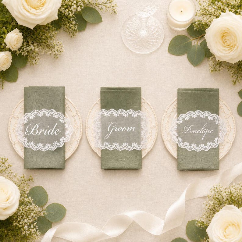 Personalized Wedding Name Tags for Plates, Custom Lace Place Cards, Vintage Romantic Table Decor image 10