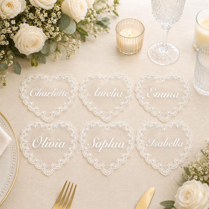 Personalized Wedding Name Tags for Plates, Custom Lace Place Cards, Vintage Romantic Table Decor image 1