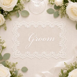 Personalized Wedding Name Tags for Plates, Custom Lace Place Cards, Vintage Romantic Table Decor image 4
