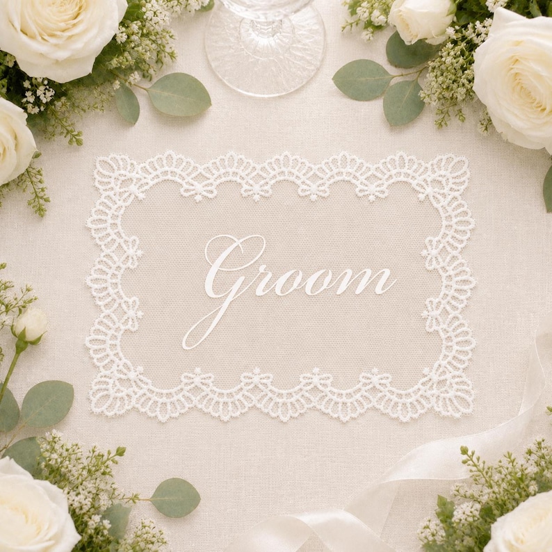 Personalized Wedding Name Tags for Plates, Custom Lace Place Cards, Vintage Romantic Table Decor image 4