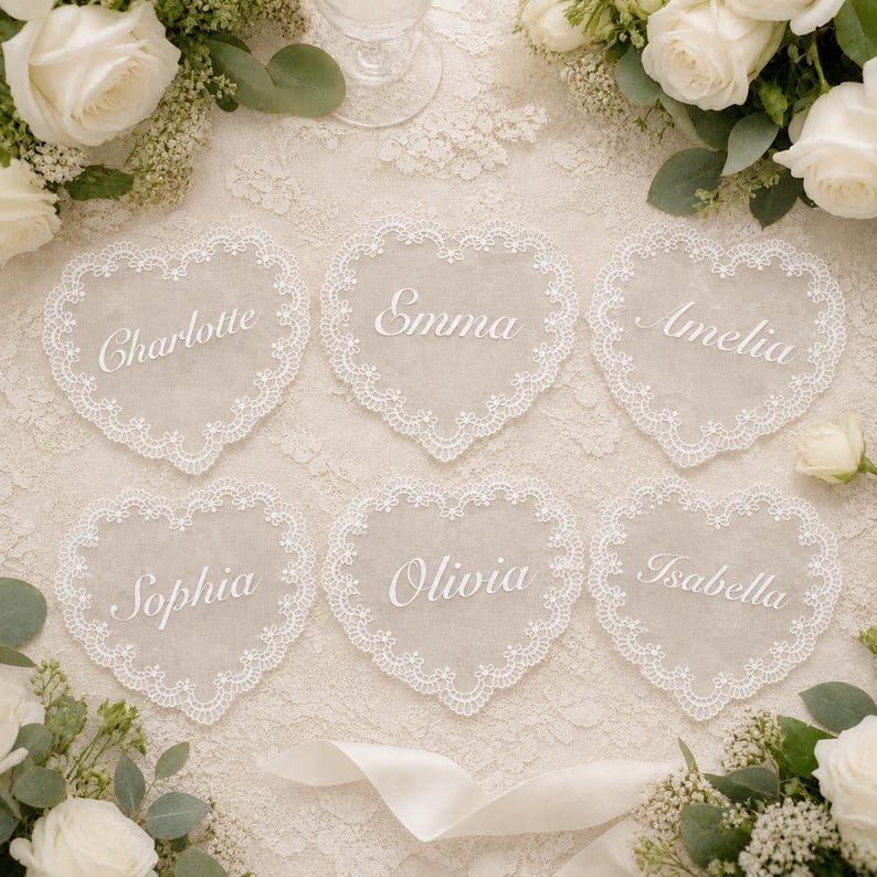 Personalized Wedding Name Tags for Plates, Custom Lace Place Cards, Vintage Romantic Table Decor image 5