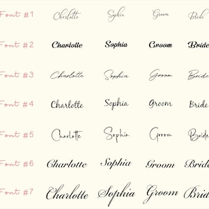 May include: A chart displaying seven distinct black font styles labeled Font #1 through Font #7. Each row features the words Charlotte, Sophia, Groom, and Bride written in a unique typeface, showcasing various cursive and script lettering designs.