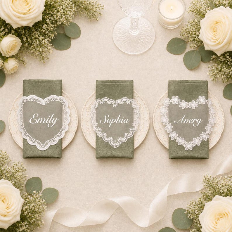 Personalized Wedding Name Tags for Plates, Custom Lace Place Cards, Vintage Romantic Table Decor image 8