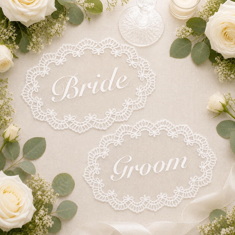 Personalized Wedding Name Tags for Plates, Custom Lace Place Cards, Vintage Romantic Table Decor image 2