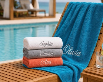 Personalized Embroidered Beach Towels, Custom Pool Towel for Adults, Monogrammed Coral Beach Towel, Cotton Bath Towel, Wedding Favor