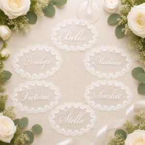 Personalized Wedding Name Tags for Plates, Custom Lace Place Cards, Vintage Romantic Table Decor image 3