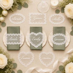 Personalized Wedding Name Tags for Plates, Custom Lace Place Cards, Vintage Romantic Table Decor image 9