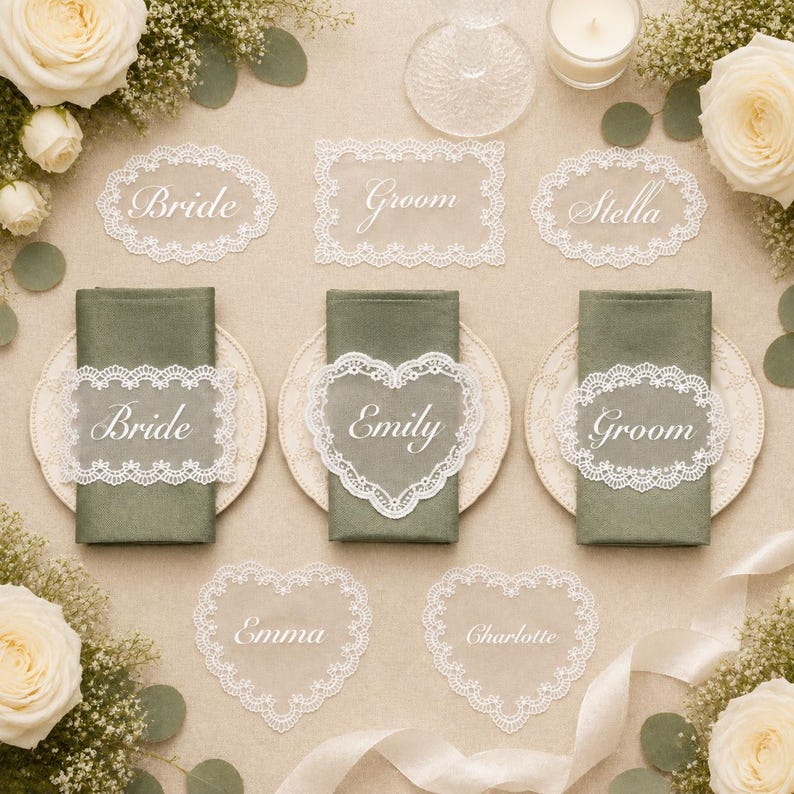 Personalized Wedding Name Tags for Plates, Custom Lace Place Cards, Vintage Romantic Table Decor image 9