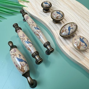 Vintage Blue Bird Ceramic Drawer Pulls Antique Brass Cabinet Handles Kitchen Cupboard Hardware