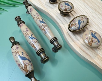 Vintage Blue Bird Ceramic Drawer Pulls Antique Brass Cabinet Handles Kitchen Cupboard Hardware