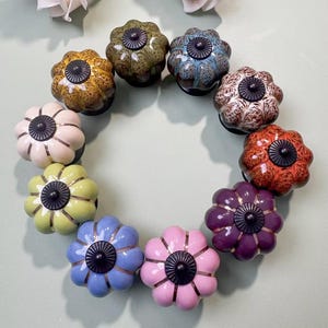 Vintage Pumpkin Ceramic Drawer Knobs, Colorful Cabinet Pulls with Gold Accents, Boho Home Decor Dresser Handles