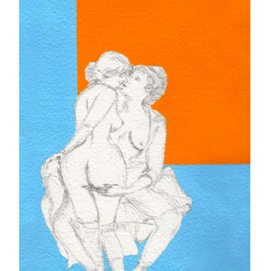 May include: A pencil sketch of two figures embracing and kissing, set against a backdrop of a blue and orange geometric design. The figures are rendered in a delicate, detailed style, capturing the intimacy of the moment.