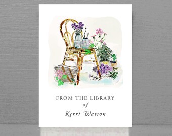 Bookplate with Garden, Flowers, Chair, Personalized Bookplates