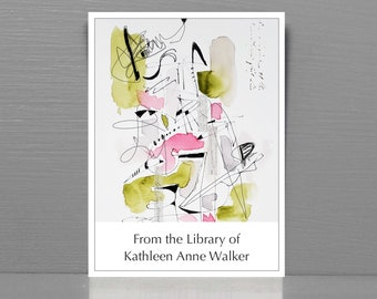 Personalized Bookplates with Modern Art Watercolor Style, Set of 24