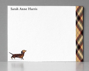 Personalized Brown Dachshund Flat Notes with gold, cranberry, charcoal Plaid, Dog Gift,Dog Cards, Set of 15