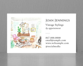 Interior Design Watercolor Business Card, Whimsical New York Apartment