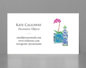 Blue and White  Business Card with Orchid and Figurine,Chinoiserie Business Card
