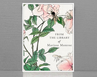 Rose and Bee Bookplates, Personalized Rose Book Stickers, Set of 24