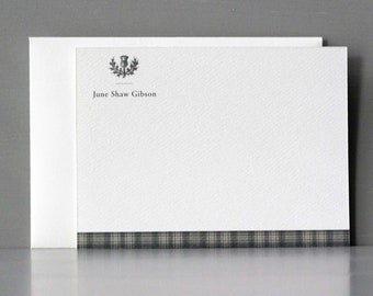 Personalized Note Cards with Gray Tartan Plaid and Scottish Thistle