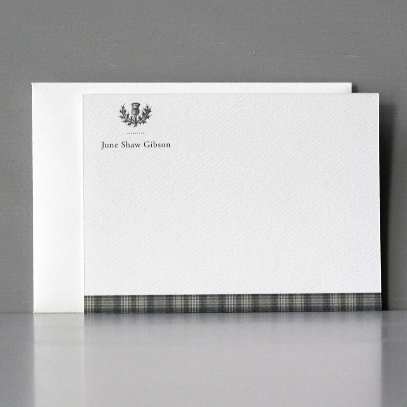 Personalized Note Cards with Gray Tartan Plaid and Scottish Thistle image 1