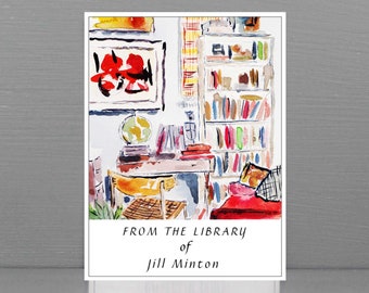 Personalized Bookplate with Modern Art Library, set of 24