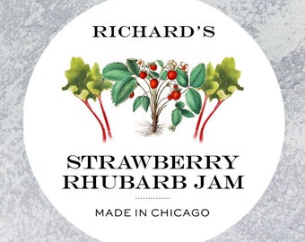 Personalized Round Strawberry Rhubarb Label, Regular or Wide Mouth, Strawberry Rhubarb Jam Labels