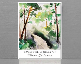 Personalized Bookplate with Watercolor Forest Path, set of 24