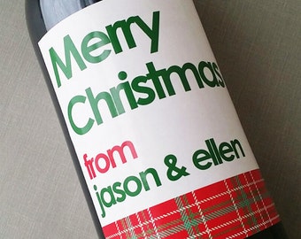Red and Green Plaid Holiday Wine Labels, Tartan Stickers, Personalized, Set of 18
